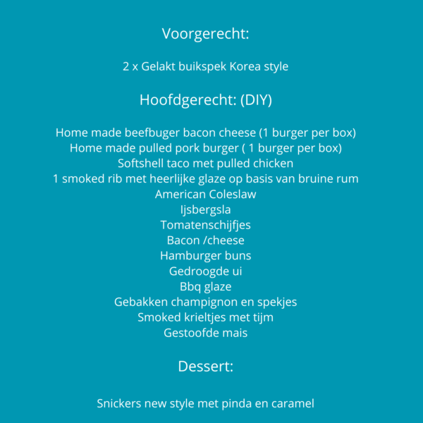 Varkenshaasje Chateaubriand Kipfilet Chipolata Mini burger ontbijtspek Sla Mexicaanse salade Geraspte wortel Rode biet met appel salade Orientaalse salade Waldorf salade American Cole slaw Salade ()